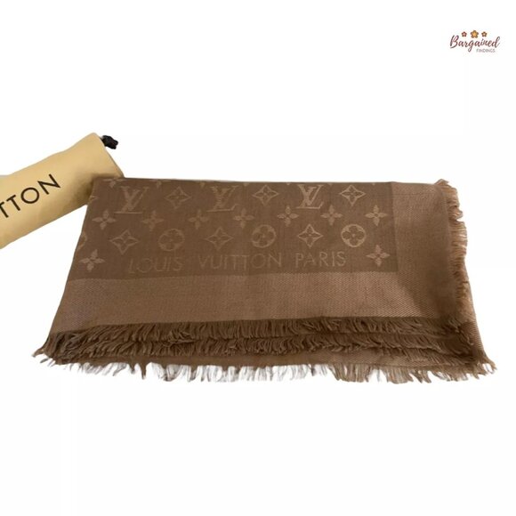 Authentic Louis Vuitton Cappuccino Silk Wool Monogram Shawl Scarf 55x55 - M75872 - Picture 1 of 7